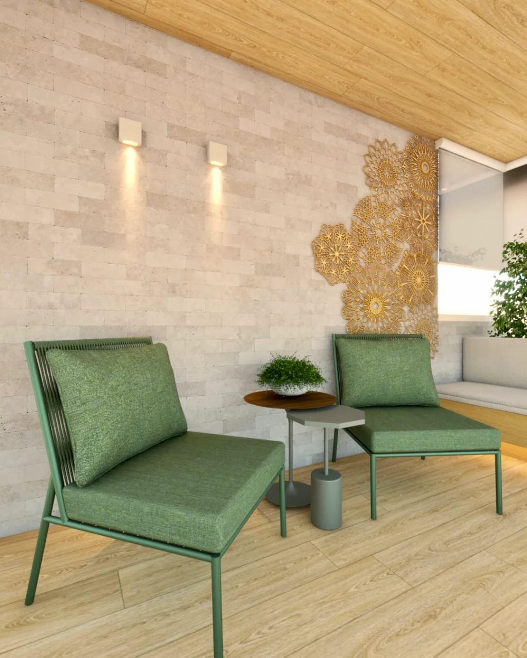 Parede clara com painel orgânico, iluminação e poltrona verde