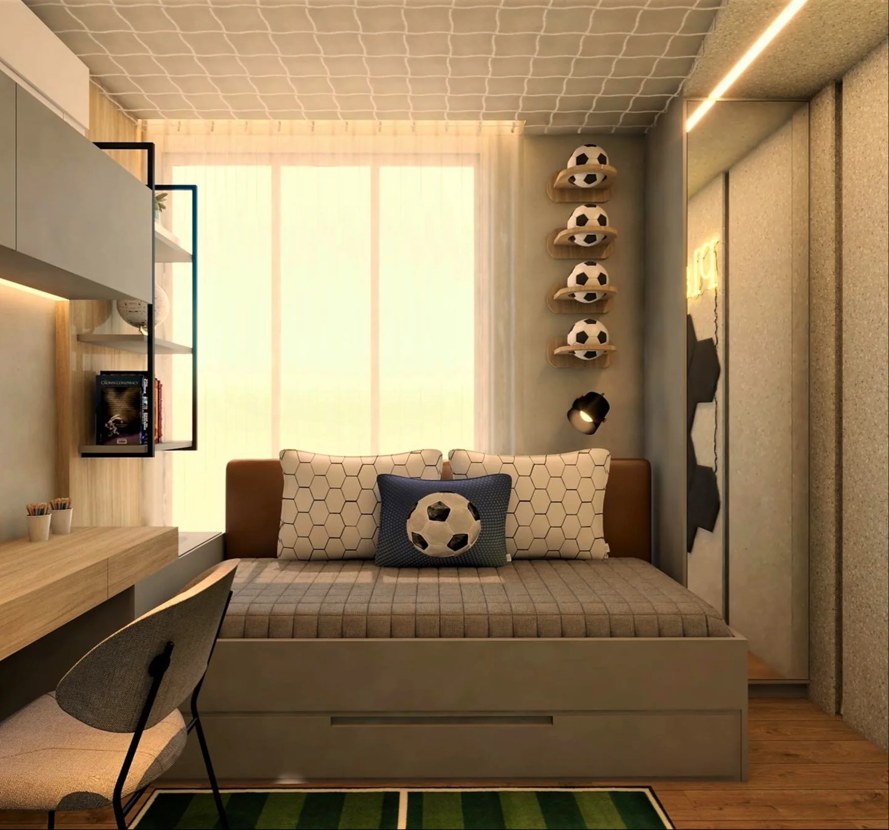 Banco estofado e composição decorativa em ambiente compacto
